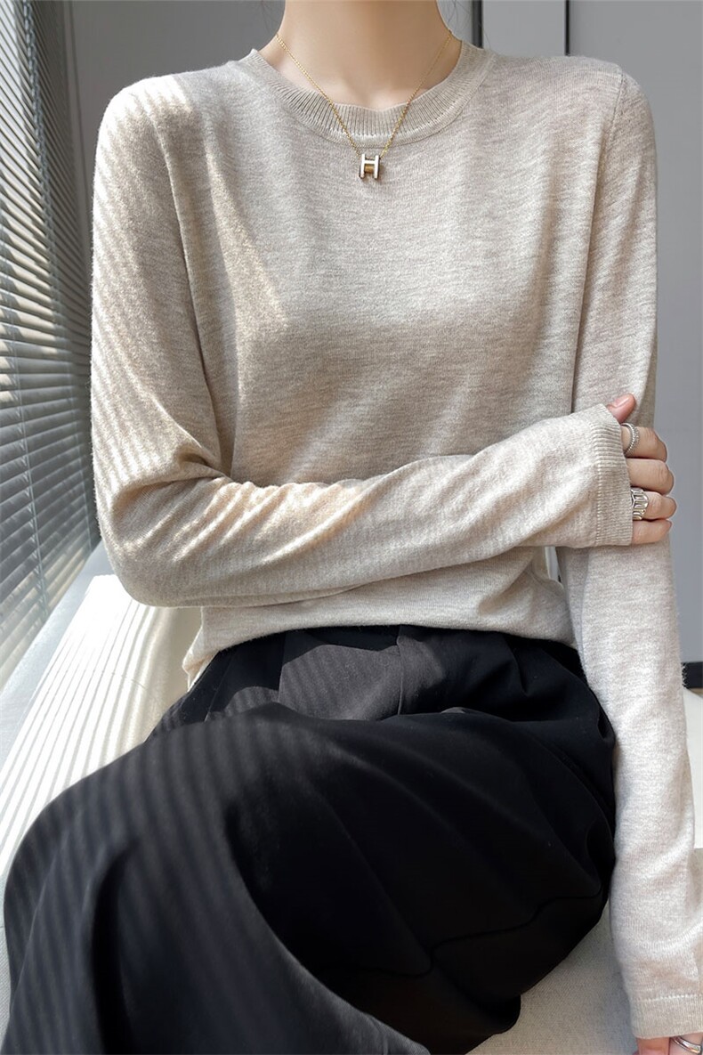 简约紫色精纺纯羊毛衫女长袖宽松打底针织衫毛衣上衣t恤内搭羊绒,女装羊毛衫,越洋羊