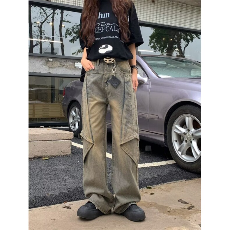 设计感美式复古泥染牛仔裤女春秋高腰垂感阔腿拖地长裤潮NZ8022,男装牛仔裤,星座1116A-1（原606A）