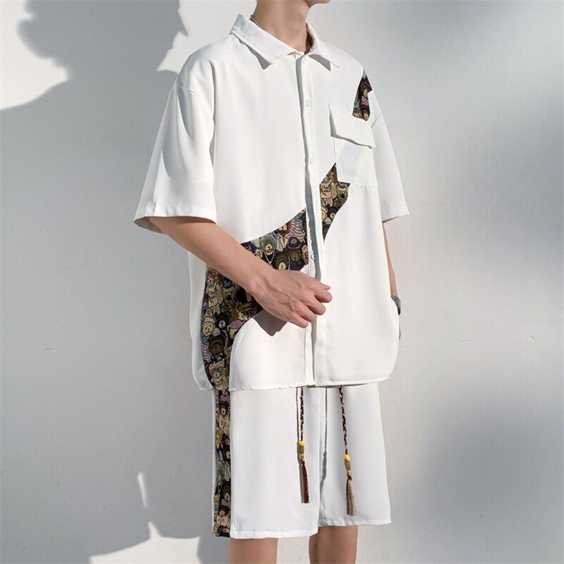 1小熊短袖衬衫男+短裤大码M-5XL套装92%聚酯纤维8%氨纶TZ77057P70,男装衬衫,星座226-2