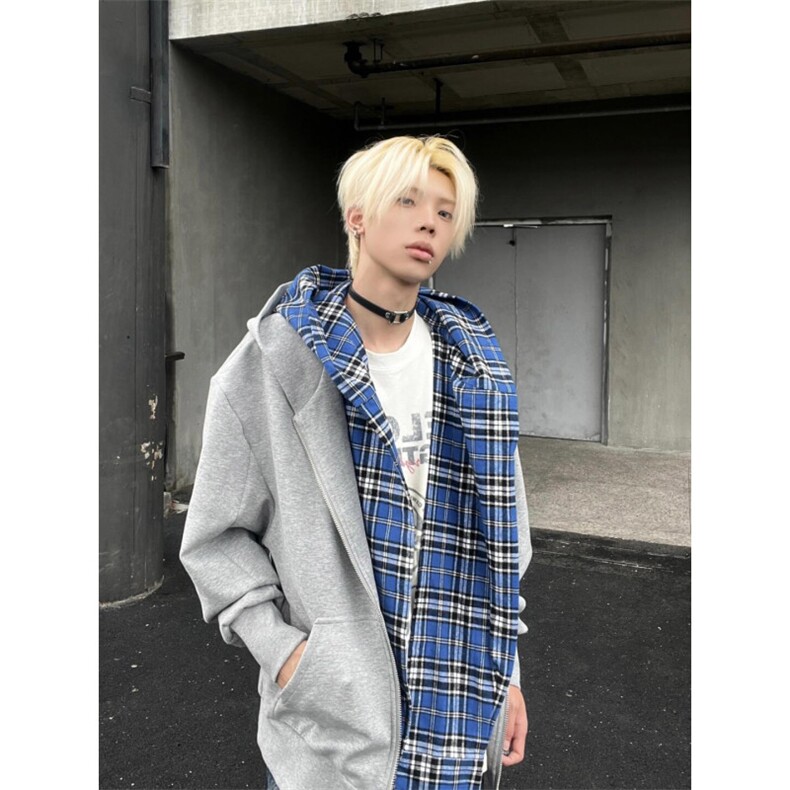 【有货】假两件格子拼接卫衣男款设计感连帽开衫外套JL97LL-特P68,男装卫衣,星座1007（原301D）