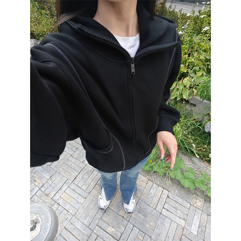 抖音得物高品质秋冬美式高街重磅结构辑明线纹理连帽卫衣外套W111，女装短外套，电商A486-1