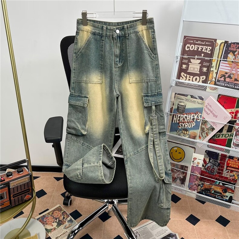 得物品质秋款男工装牛仔裤大口袋渐变色织带铁链直筒长裤NK46P58,男装牛仔裤,星座1013-1