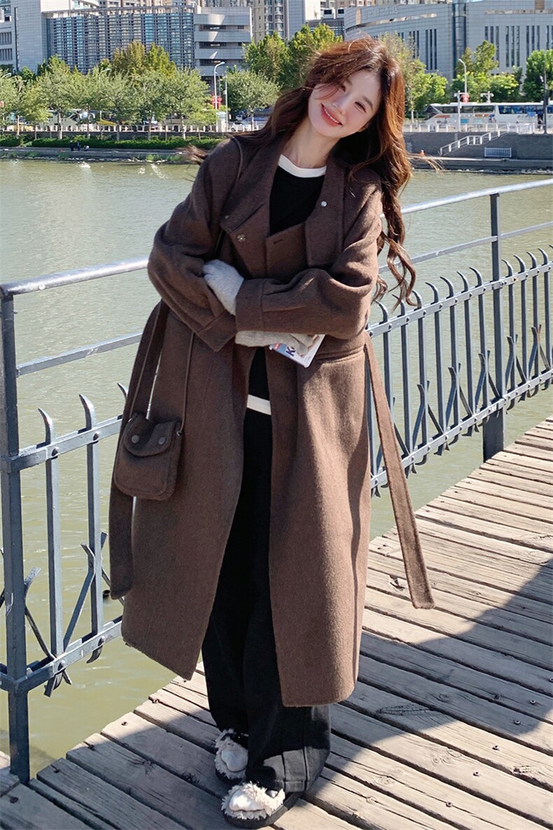 双面羊毛大衣女款2024秋冬新款韩版宽松气质优雅羊毛呢外套配包包,女装双面呢大衣,韩蜜菓