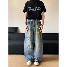 做旧泼墨阔腿牛仔裤宽松直筒拖地长裤女男装牛仔裤潮NZK6084-p55，男装牛仔裤，星座302B-2