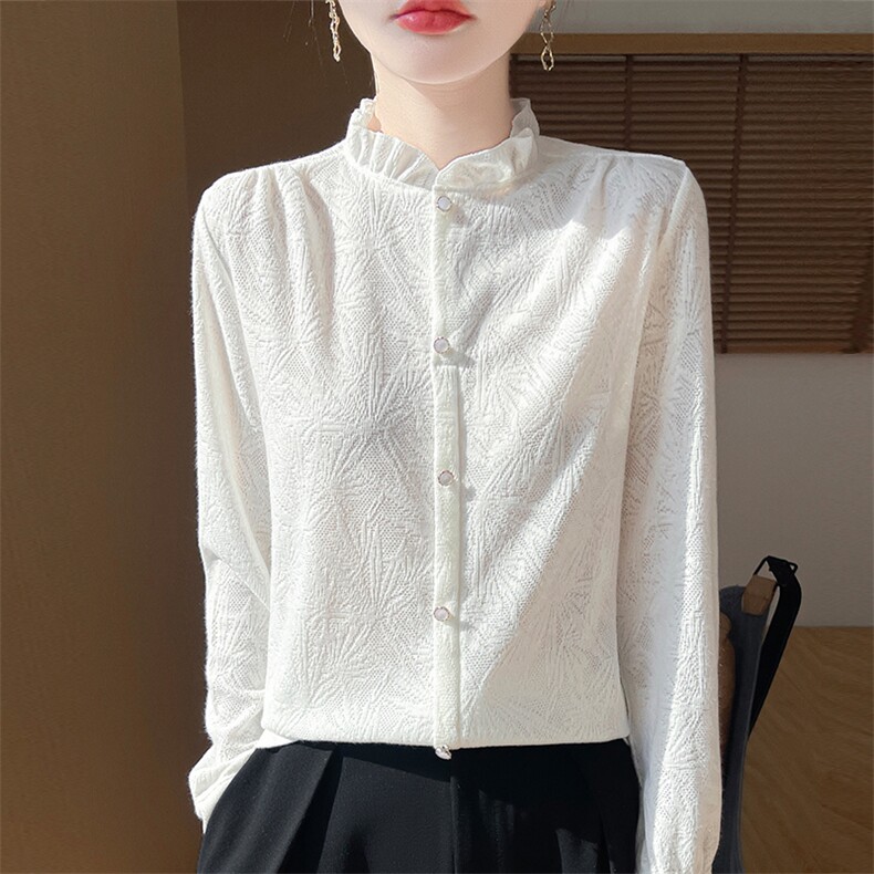 春季新款时尚潮流镂空针织提花长袖，女装衬衫，羊特美羊绒