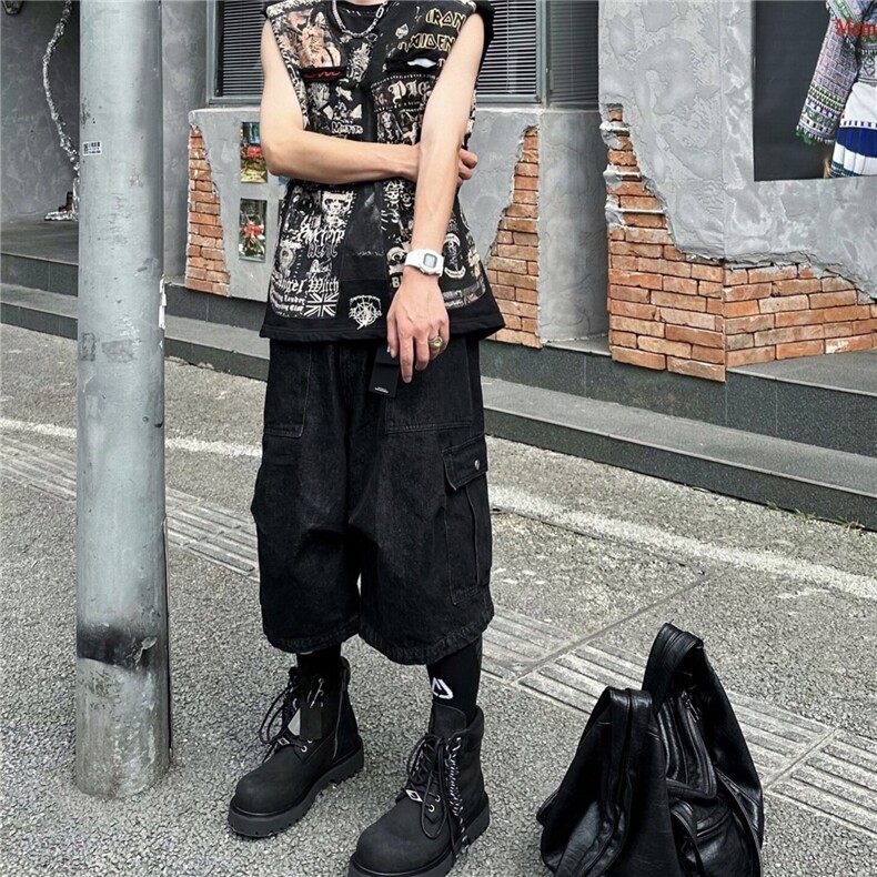 美式复古高街大口袋七分裤男小众宽松阔腿牛仔工装中裤RK3004-P46,男装牛仔裤,星座412-3
