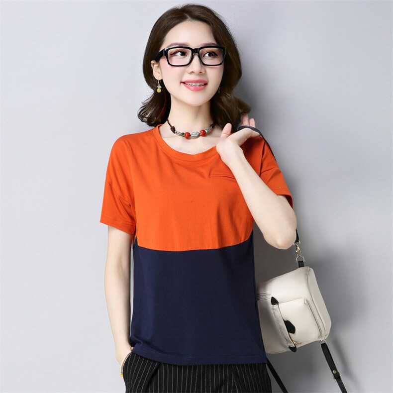 韩版简约舒适2021年春季宽松T恤拼接圆领修身显瘦潮流，女装T恤，丽影随形