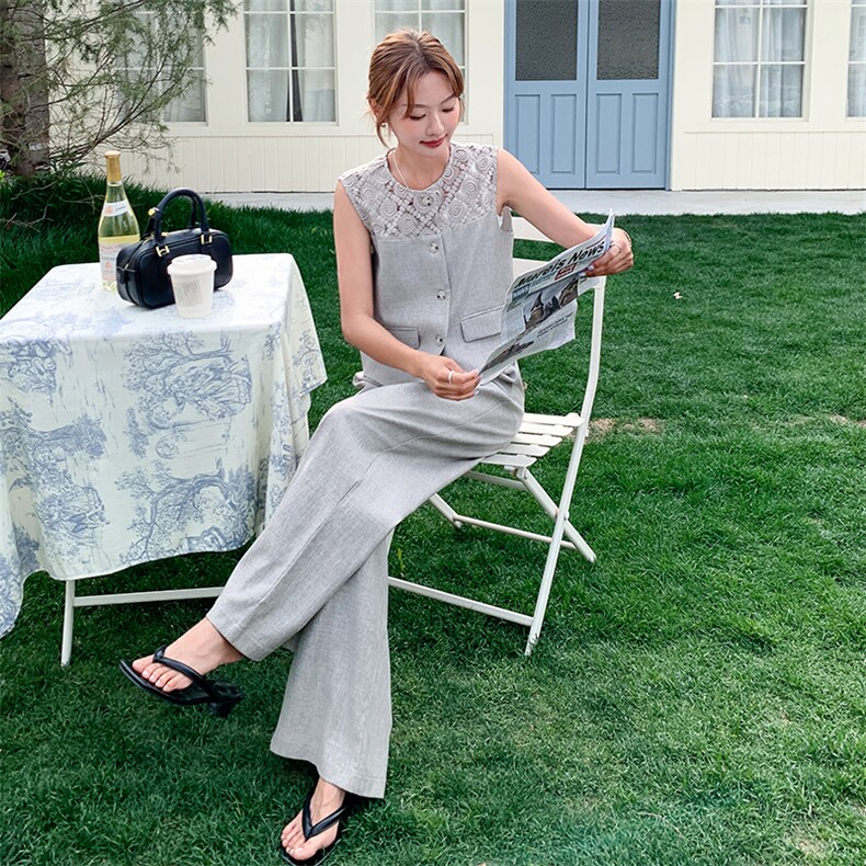 灰色法式老钱风镂空马甲套装女2025年夏季新款高级感阔腿裤两件套,女装套装/套裙,自然秀