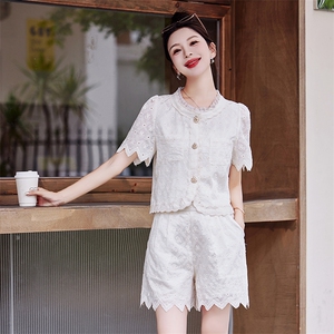 法式时尚套装蕾丝连衣裙女夏2025新款小香风上衣半身裙粉色两件套图片