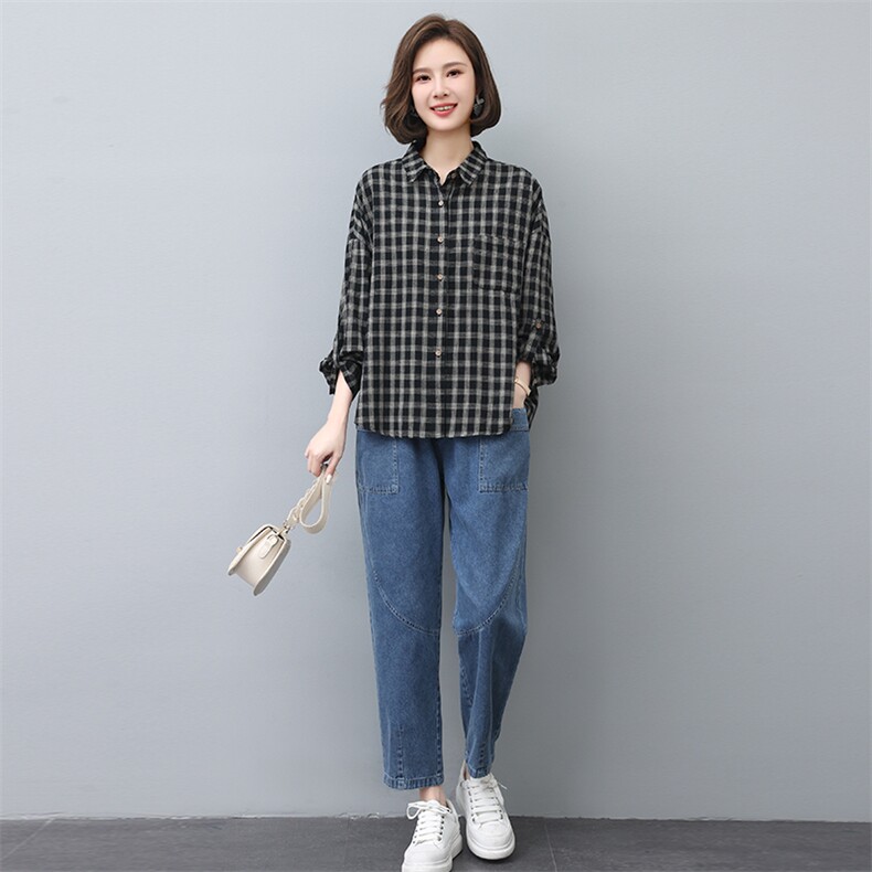 时尚格子长袖衬衫女宽松显瘦百搭上衣外套,女装衬衫,叶笙衣