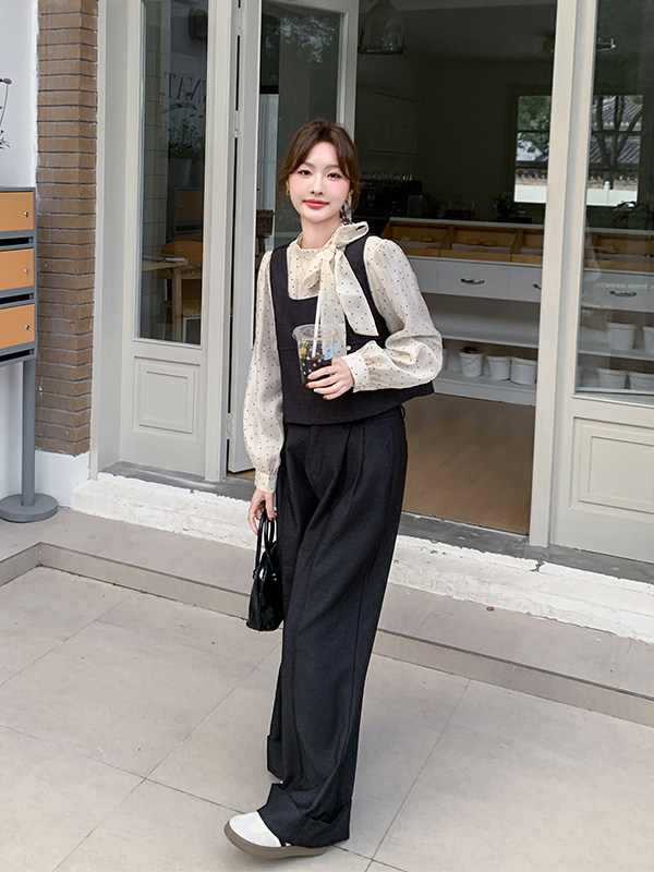 2025春季新款女搭配一整套蓝色牛仔背心阔腿裤搭配波点衬衫三件套,女装套装/套裙,浙宝301