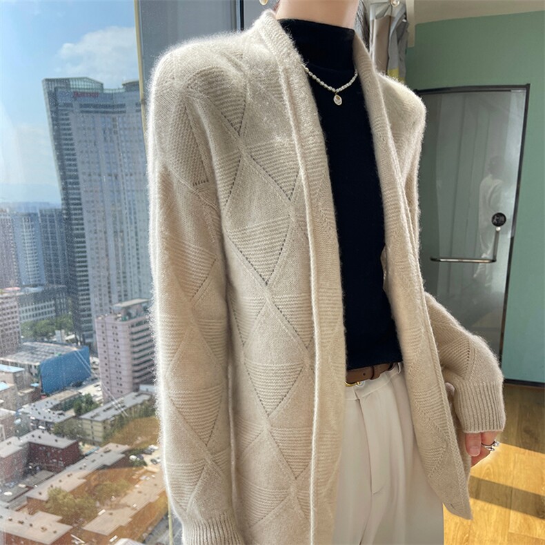 2025年秋季女士菱形中款开衫,女装羊毛衫,嘉日羊绒