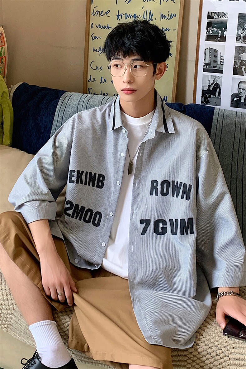 1港风竖条纹大码M-5XL中性风情侣潮七分袖衬衫男QCS7018P45控69,男装衬衫,星座226-2