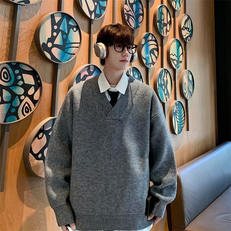 新款港风加厚内搭慵懒风纯色大V领针织衫上衣毛衣外套V29-P48，男装针织衫/毛衣，电商B245