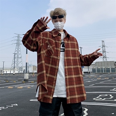 刺绣美式复古格子复古休闲宽松男女设计感vintage潮长袖衬衫，男装衬衫，星座410-7