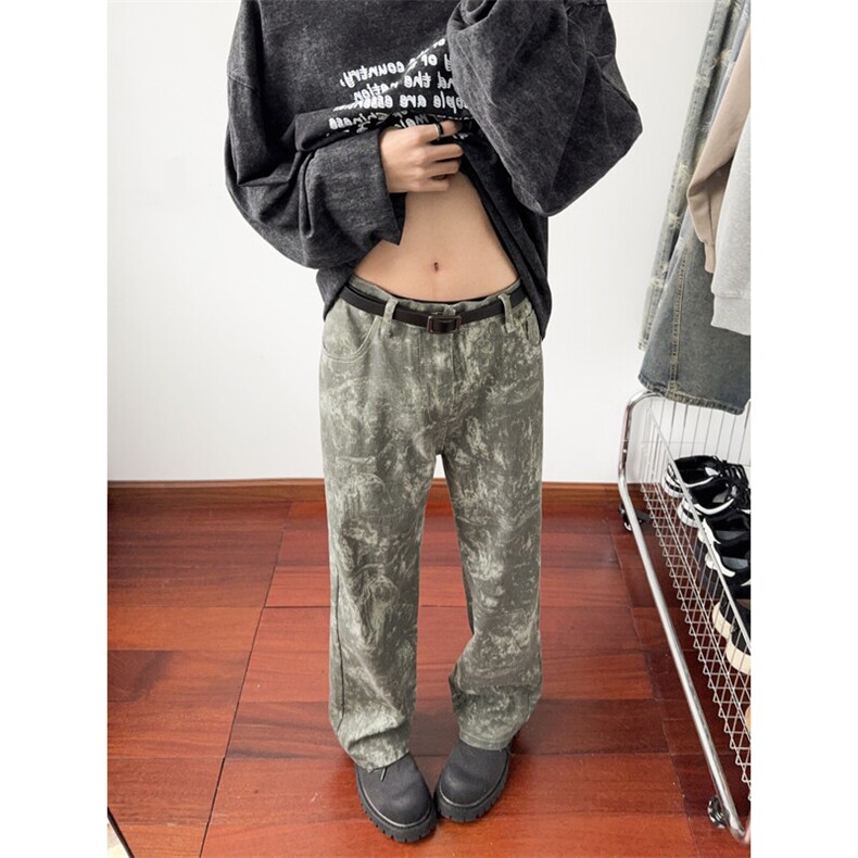 B221美式ins高街暗黑宽松直筒迷彩牛仔裤LK24409-特P45控78,男装牛仔裤,电商B221