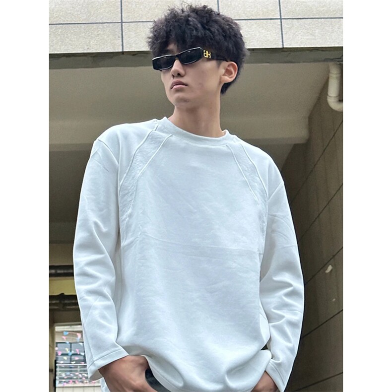 抖音得物品质26春装美式高街宽松曼巴棉螺纹拼接卫衣圆领长袖T恤,男装T恤,电商A443