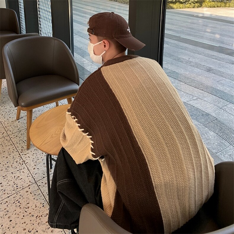 个性撞色毛衣男秋冬季潮牌圆领针织衫男宽松高级感外套M5122-P50,男装针织衫/毛衣,星座1008
