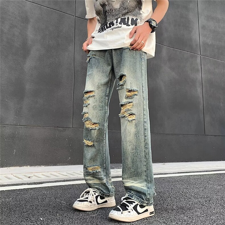 高街vibe风直筒割破洞牛仔长裤hiphop男女休闲裤N0951-P45,男装牛仔裤,星座308B-1