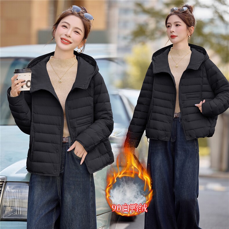 新标90白鸭绒连帽羽绒服女短款排骨条轻薄保暖休闲宽松外套上衣,女装羽绒服,余墨