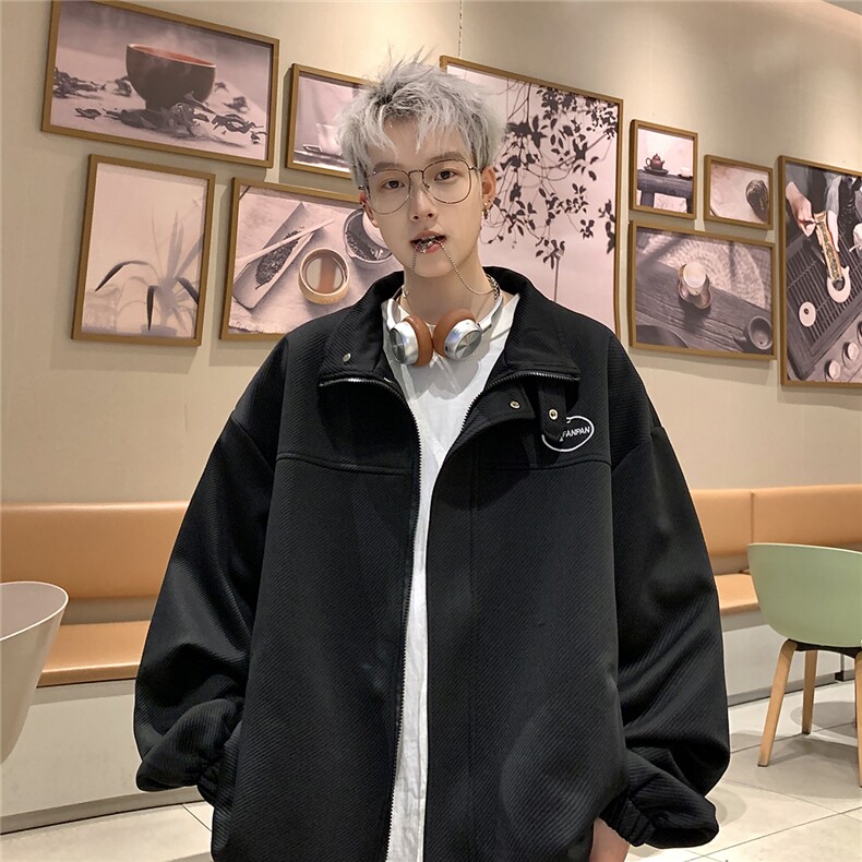 2026春秋装斜条纹立领大码夹克港风男外套JK2277/特P68黑色,男装夹克,电商A094