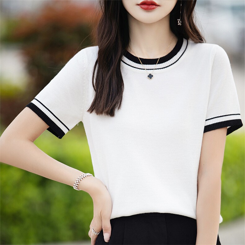丝光棉针织短袖T恤衫女2025夏薄正肩别致撞色洋气针织t恤上,女装T恤,思牵羊绒