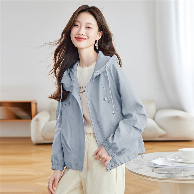 洋气粉色连帽短款风衣外套女2025秋季新款宽松休闲派克服夹克上衣,女装短外套,慕咨