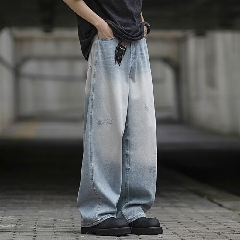 美式浅色破洞牛仔裤男2024新款夏季薄款直筒宽松阔腿休闲裤子图片