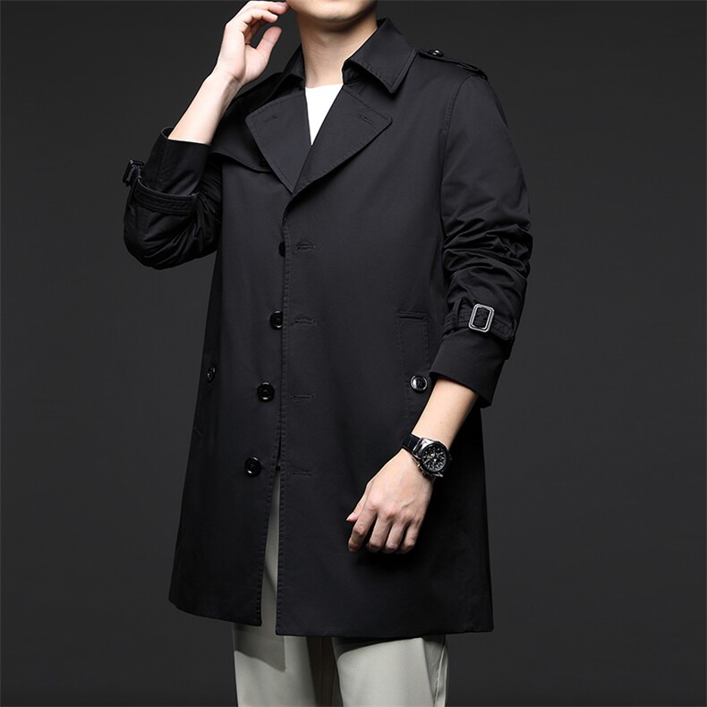 D611春秋新款男士中长款风衣翻领外套简约通勤商务男装,男装风衣,电商B360
