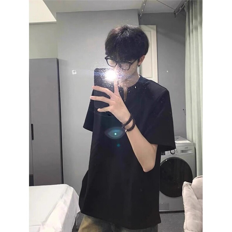 cleanfit半拉链垫肩短袖男款夏季纯黑色重磅t恤美式高街铆钉半袖,男装T恤,星座603-2