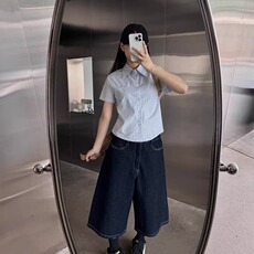 美式复古夏季七分牛仔裤男女字母刺绣格纹拼接设计感阔腿短裤中裤，男装牛仔裤，星座1210-1