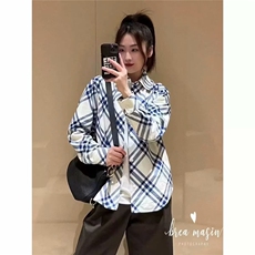 高级感菱格长袖衬衫男女春夏秋季宽松慵懒风衬衣百搭情侣宽松外套，男装衬衫，星座506A
