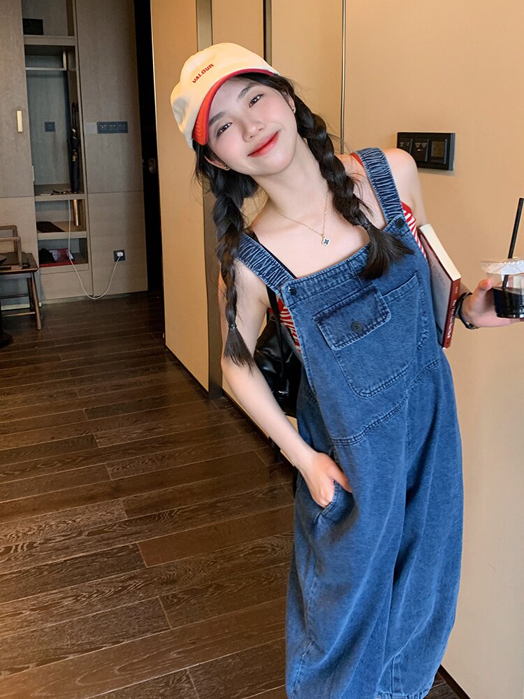 设计感松紧肩牛仔背带裤洋气百搭休闲减龄宽松显瘦阔腿裤连体裤女,女装连体裤,辉之琳