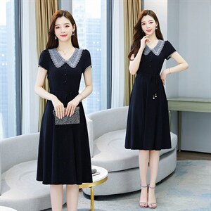 2022新款女装高端气质洋气裙子娃娃领雪纺连衣裙夏，女装连衣裙，美吧服饰