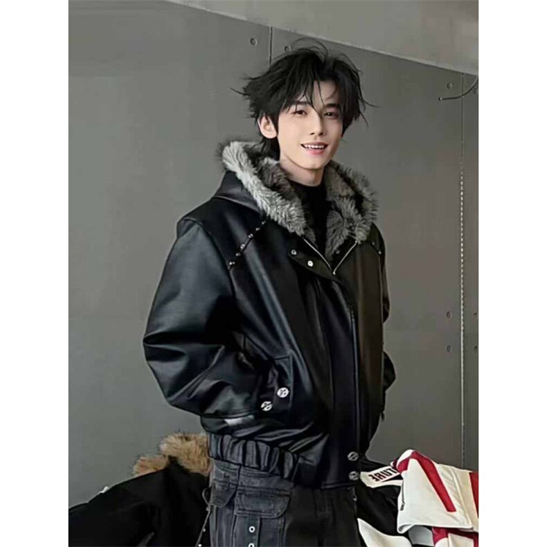 网图美式黑色座山雕皮衣外套男冬季加厚棉衣夹克双面穿,男装夹克,电商C307