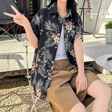 三亚旅游度假短袖花衬衫女夏威夷海边沙滩衬衣复古港味CS88/P30，女装衬衫，星座506