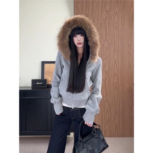 灰色美式复古毛领连帽卫衣外套女秋冬季2025新款显瘦上衣百搭开衫