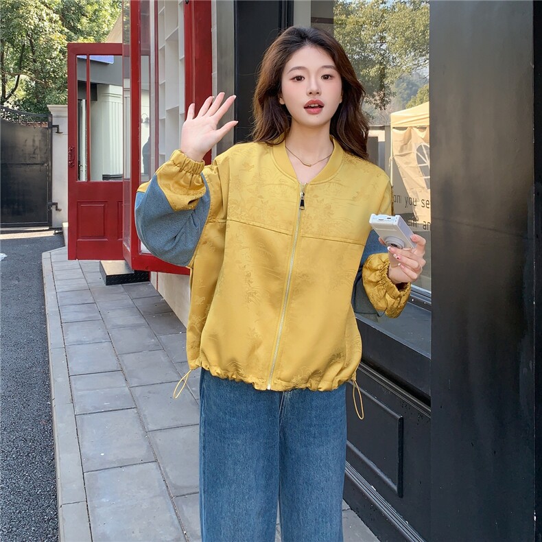 新中式国风拼接黄色短外套女春秋2025新款小个子小众百搭休闲夹克,女装短外套,2C057