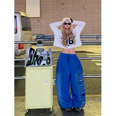 ins美式破洞字母印花抽绳阔腿裤男女宽松休闲百搭直筒长裤新款，男装休闲裤，星座506A