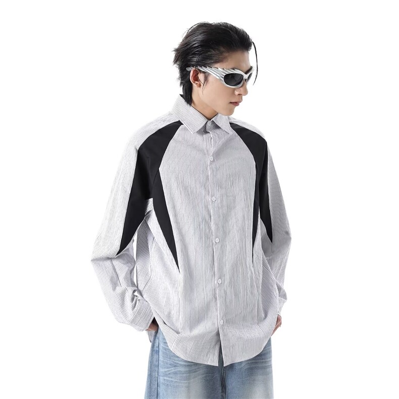 ZY48-P44美式潮牌解构拼接条纹长袖衬衫男女复古宽松休闲小众,男装衬衫,电商B323A