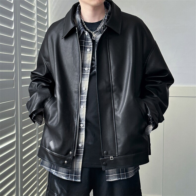 现货-秋季时尚皮衣外套男机车服男士宽松潮流皮夹克休闲A028P95，男装夹克，电商A351