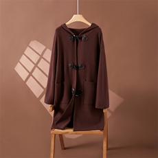 秋冬新款连帽牛角扣双面羊绒大衣女中长款宽松，女装羊绒大衣，朵沐纯羊绒