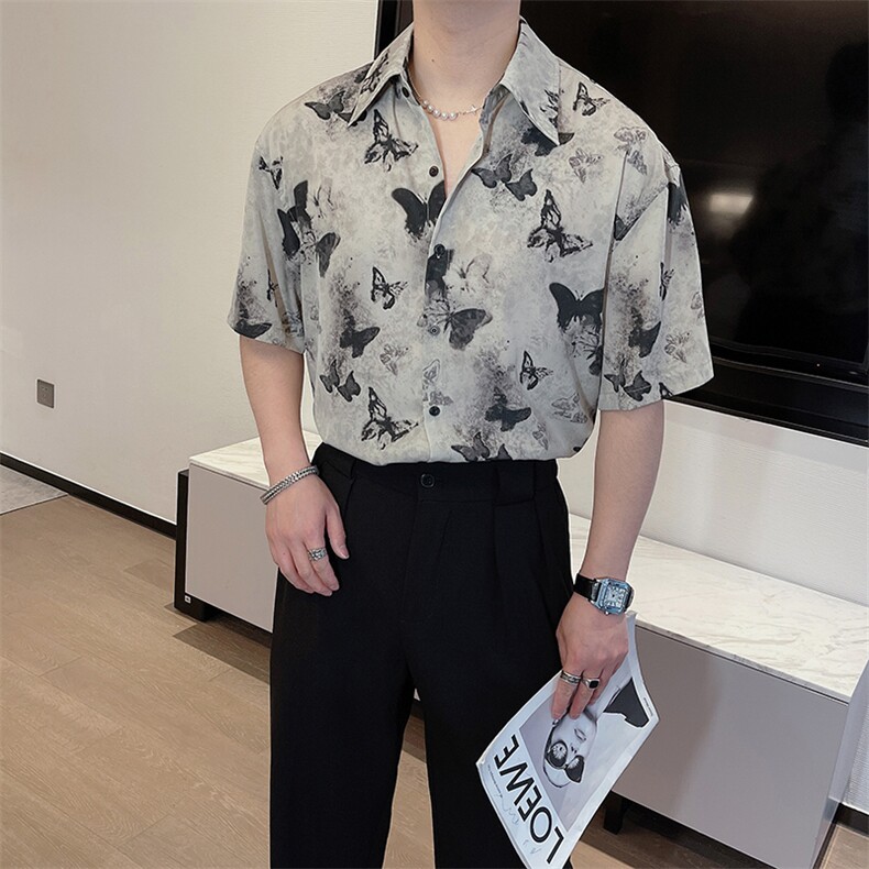 春夏时尚古风蝴蝶满印复古短袖衬衫男宽松网红半袖衬衣潮0256-P53,男装T恤,电商B267