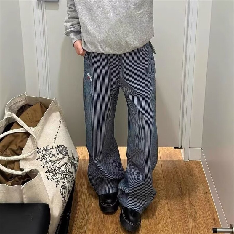 阔腿条纹工装牛仔裤女2025春秋新款高腰显瘦直筒弯刀裤子NZ1224,男装牛仔裤,星座516A