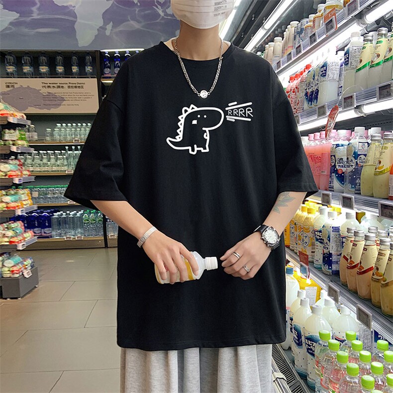 港风宽松大码手绘小恐龙运动潮流短袖纯棉T恤男装打底衫T51-P25，男装T恤，星座508（原C305）