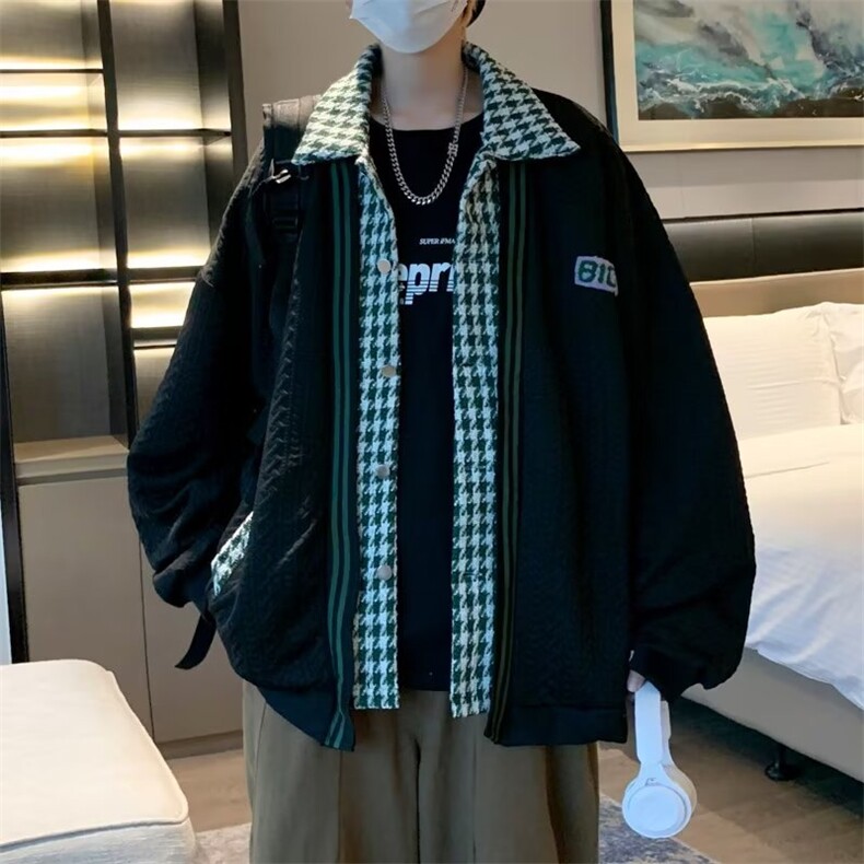 千鸟格开衫假两件外套男女棒球服宽松慵懒风秋季潮牌夹克9345-p60,男装夹克,星座1008-1