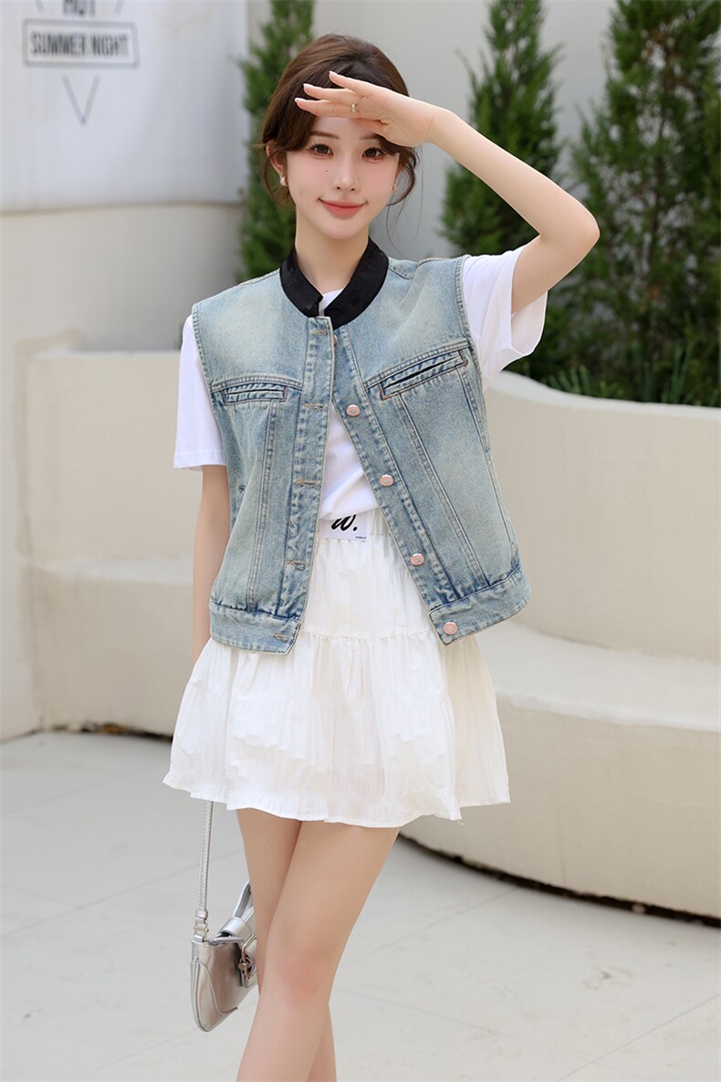 新中式牛仔马甲外套女款夏季2024新款小个子春秋外搭无袖背心上衣,女装马甲,美拉德工厂直营店