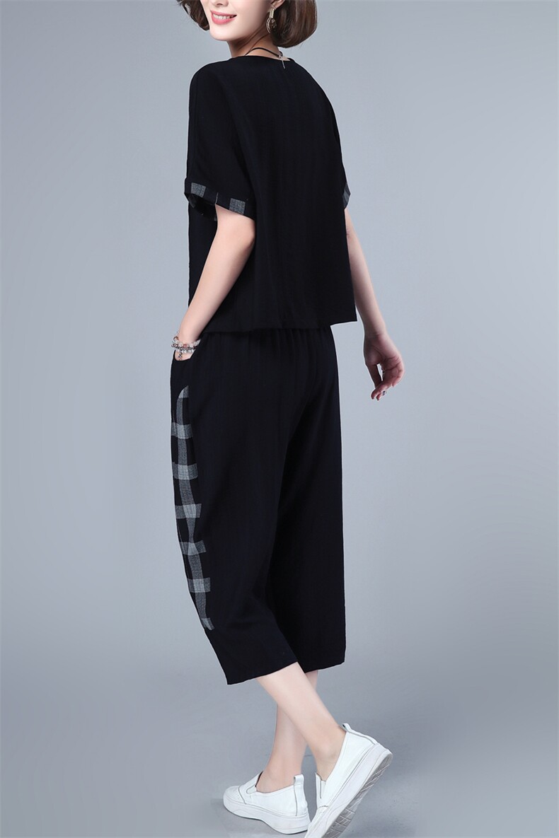 2032T夏装2021年新款时尚两件套装女袖口拼接条纹口袋T恤女,女装套装/套裙,涵誉