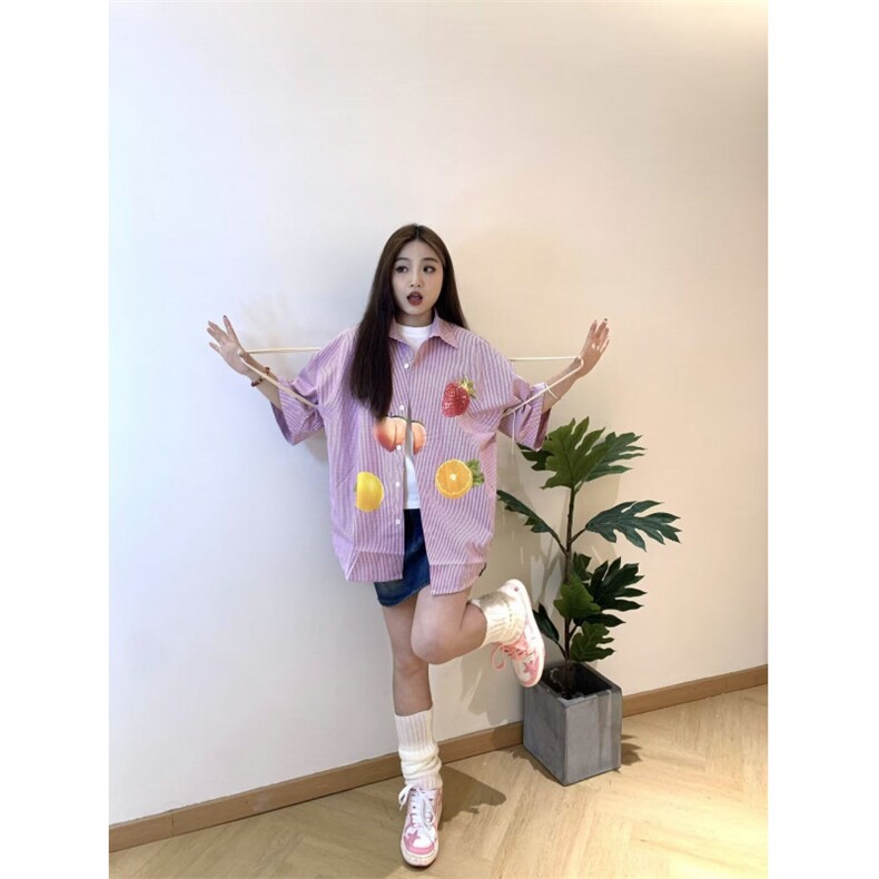 夏季新款水果印花短袖衬衫男女基础翻领外穿休闲宽松运动半袖衬衣,男装衬衫,星座506A