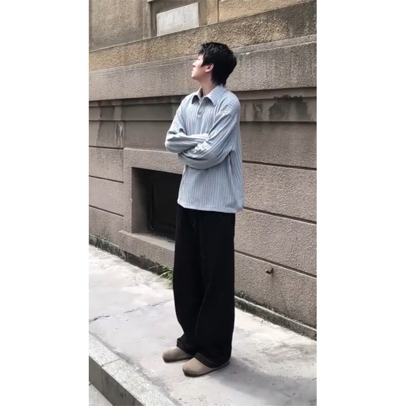 网图老钱风舒适慵懒麦穗纹针织POLO衫秋季高级感V领长袖T恤特P28,男装Polo衫,电商C306-1
